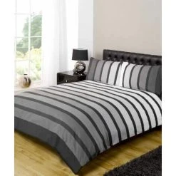Soho Black Stripe Duvet Cover Quilt Bedding Set, Black White Grey, Double