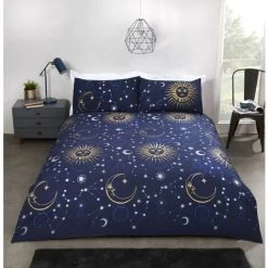 Rapport Celestial Duvet Cover Set Reversible Bedding Foil Print Double Navy