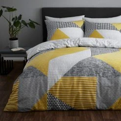 Catherine Lansfield Larsson Geo Ochre Reversible Duvet Cover And Pillowcase Set