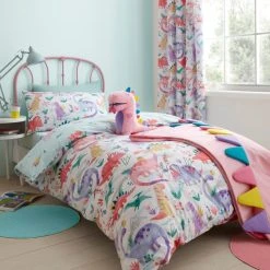 Dunelm Dinosaur Pink Reversible Duvet Cover And Pillowcase Set