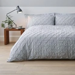 Dunelm Leo Pintuck 100% Cotton Grey Duvet Cover And Pillowcase Set