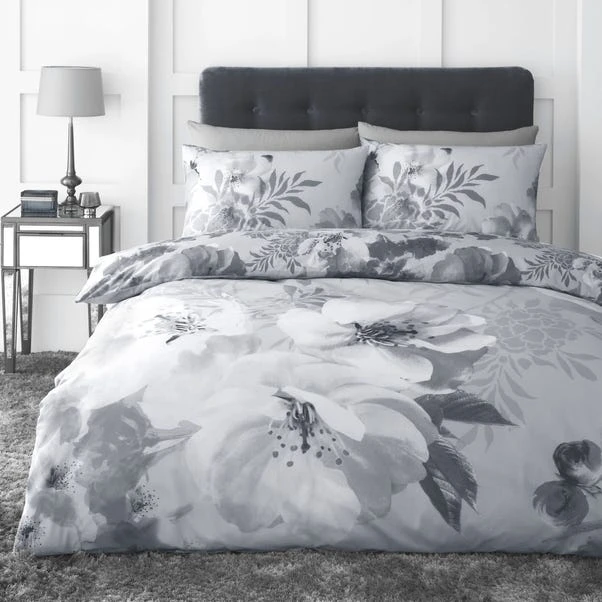 Catherine Lansfield Dramatic Floral Silver Reversible Duvet Cover And Pillowcase Set 1 Catherine Lansfield Dramatic Floral Silver Reversible Duvet Cover And Pillowcase Set