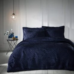 Dunelm Romilly Wave Luxe Pinsonic Navy Duvet Cover And Pillowcase Set