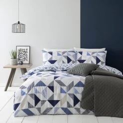 Dunelm Elements Bako Reversible Geometric Blue Duvet Cover And Pillowcase Set
