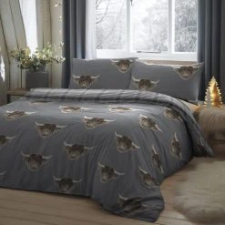 Fusion Highland Cow Grey Reversible Duvet Cover And Pillowcase Set