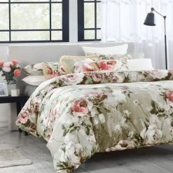 Avery Green Odette Floral Natural 100% Cotton Sateen Duvet Cover And Pillowcase Set