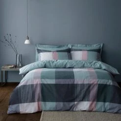 Dunelm Acton Check Teal Duvet Cover And Pillowcase Set