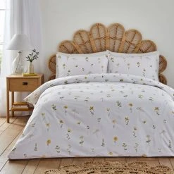 Dunelm Pressed Floral Yellow 100% Cotton Duvet Cover And Pillowcase Set