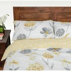 HOMESCAPES Lemon, White And Grey Floral Duvet Cover Set, Double