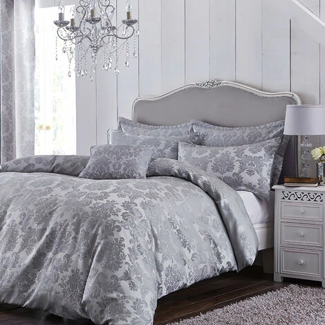 Catherine Lansfield Damask Jacquard Embellished Duvet Cover Set, Silver, Single 1 Catherine Lansfield Damask Jacquard Embellished Duvet Cover Set, Silver, Single