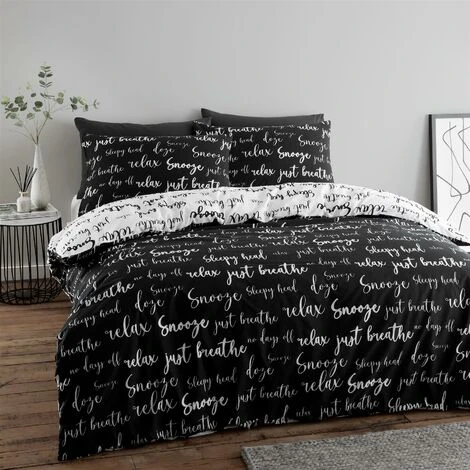 Catherine Lansfield Script Duvet Cover Set Black & White Single Bedding Set 2 Catherine Lansfield Script Duvet Cover Set Black & White Single Bedding Set - Image 2