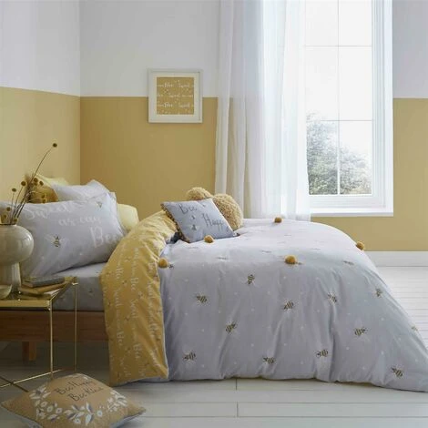 Catherine Lansfield Sweet As Can Bee Duvet Cover Set Ochre & Grey Single Bedding Set 1 Catherine Lansfield Sweet As Can Bee Duvet Cover Set Ochre & Grey Single Bedding Set