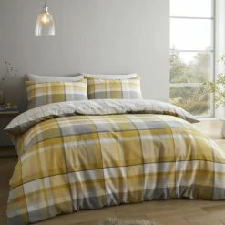 Catherine Lansfield Brushed Tartan Check Reversible Duvet Cover Set, Ochre, Single