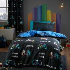 Catherine Lansfield Kids Game Over Reversible Easy Care Duvet Cover Set, Black, Single
