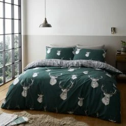 Catherine Lansfield Stag Tartan Check Reversible Duvet Cover Set, Green, Single