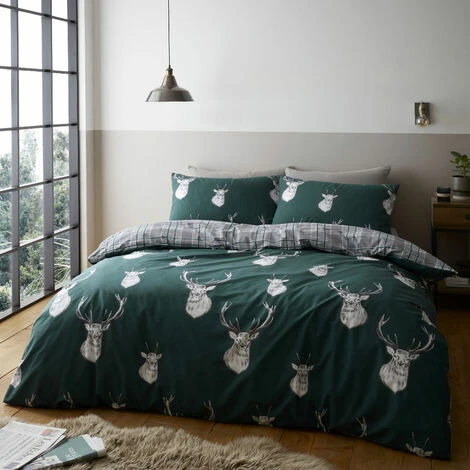 Catherine Lansfield Stag Tartan Check Reversible Duvet Cover Set, Green, Single 1 Catherine Lansfield Stag Tartan Check Reversible Duvet Cover Set, Green, Single