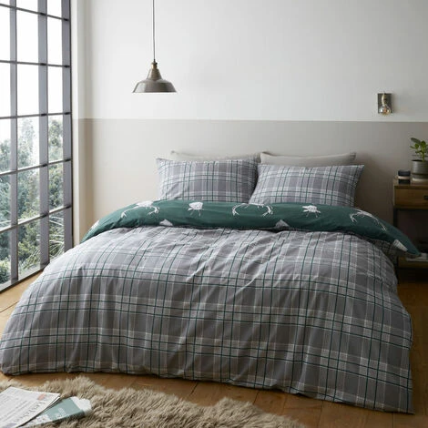 Catherine Lansfield Stag Tartan Check Reversible Duvet Cover Set, Green, Single 2 Catherine Lansfield Stag Tartan Check Reversible Duvet Cover Set, Green, Single - Image 2
