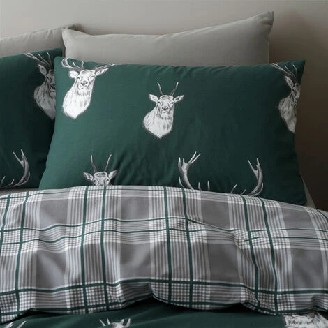 Catherine Lansfield Stag Tartan Check Reversible Duvet Cover Set, Green, Single 3 Catherine Lansfield Stag Tartan Check Reversible Duvet Cover Set, Green, Single - Image 3