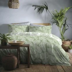 Fusion Matteo Botanical Palm Leaf Print Easy Care Reversible Duvet Cover Set, Green, Single
