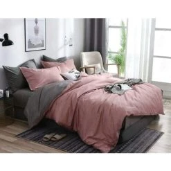 Bedding Set 200 X 200 Cm Old Pink Gray Anthracite Plain Reversible Bed Linen 100% Soft Pleasant Microfiber - 1 Duvet Cover 200 X 200 Cm + 2 Pillow Cases 80 X 80 Zipper Pink Gray 220x240cm+2x50x70cm