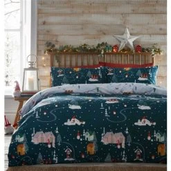Portfolio Home Christmas Gonks Village Duvet Cover Set Green Single Reversible