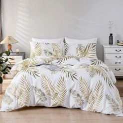 Duvet Cover Set 220x240 Cm 2 Persons And 2 X Pillowcases 50x75 Cm 100% Microfiber Bed Linen Set Tropical Botanical Golden Tropical Leaves Pattern With Zipper Closure, White Gold