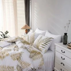 Duvet Cover Set 220x240 Cm 2 Persons And 2 X Pillowcases 50x75 Cm 100% Microfiber Bed Linen Set Tropical Botanical Golden Tropical Leaves Pattern With Zipper Closure, White Gold -Furn. Shop 73465135 3