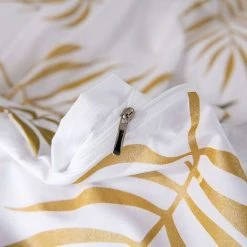 Duvet Cover Set 220x240 Cm 2 Persons And 2 X Pillowcases 50x75 Cm 100% Microfiber Bed Linen Set Tropical Botanical Golden Tropical Leaves Pattern With Zipper Closure, White Gold -Furn. Shop 73465135 5