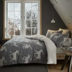 Catherine Lansfield Christmas Stag Sherpa Jacquard Duvet Cover Set Grey Single