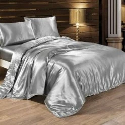 4-piece Bedding Set: Soft Silk Satin Duvet Cover 220 X 240 Cm, Fitted Sheet And Pillowcase (Silver)