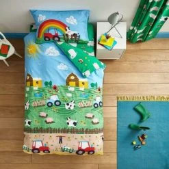Catherine Lansfield Farmyard Animal Duvet Cover Set Blue Junior/Toddler Kids Bedding Reversible