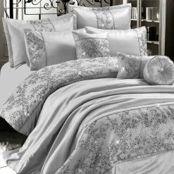 Night Zone Gigi Embroidered Duvet Cover Set, Silver, Single