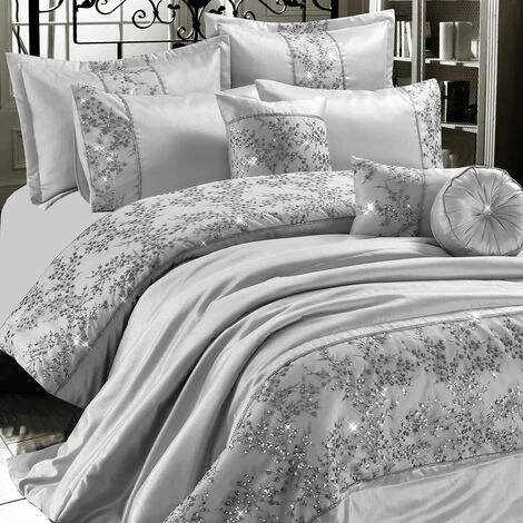 Night Zone Gigi Embroidered Duvet Cover Set, Silver, Single 1 Night Zone Gigi Embroidered Duvet Cover Set, Silver, Single