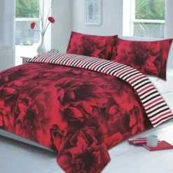 Night Zone Rose And Stripe Print Reversible Duvet, Red, Single