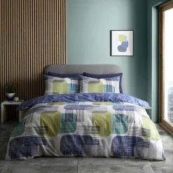 Catherine Lansfield Layered Geo Print Easy Care Reversible Duvet Cover Set, Navy/Green, Single