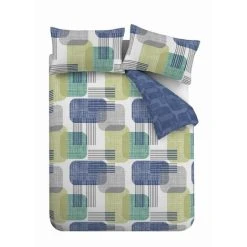 Catherine Lansfield Layered Geo Print Easy Care Reversible Duvet Cover Set, Navy/Green, Single -Furn. Shop 89701650 5