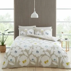 Catherine Lansfield Craft Floral Print Easy Care Reversible Duvet Cover Set, Natural, Single