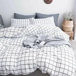 Black And White Checked Duvet Cover 200x200 + 2 Pillowcase 5075 Cm - Microfiber Adult Double Bed Set - Printed Checked Bed Linen With Zipper