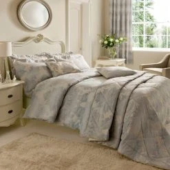 Catherine Lansfield Decadent Royal Motif Jacquard Duvet Cover And Oxford Pillow Case Set, Duck Egg Blue, Single