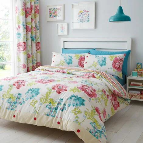 Catherine Lansfield Stab Stitch Floral Reversible Duvet Cover Set, Multi, Double 1 Catherine Lansfield Stab Stitch Floral Reversible Duvet Cover Set, Multi, Double