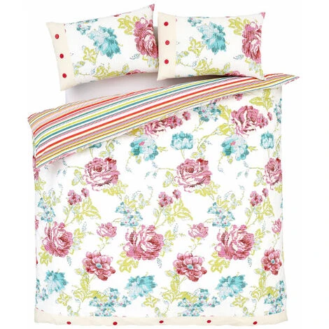 Catherine Lansfield Stab Stitch Floral Reversible Duvet Cover Set, Multi, Double 2 Catherine Lansfield Stab Stitch Floral Reversible Duvet Cover Set, Multi, Double - Image 2
