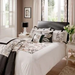 Catherine Lansfield Shrewsbury Floral Embroiderey Embellishment Matt Satin Duvet Cover Set, Black/Ivory, Single