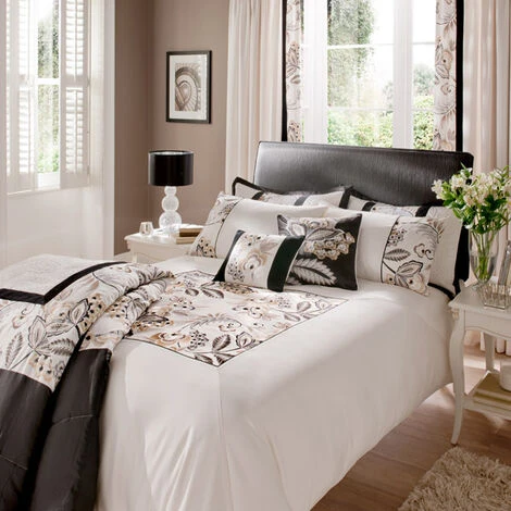 Catherine Lansfield Shrewsbury Floral Embroiderey Embellishment Matt Satin Duvet Cover Set, Black/Ivory, Single 1 Catherine Lansfield Shrewsbury Floral Embroiderey Embellishment Matt Satin Duvet Cover Set, Black/Ivory, Single