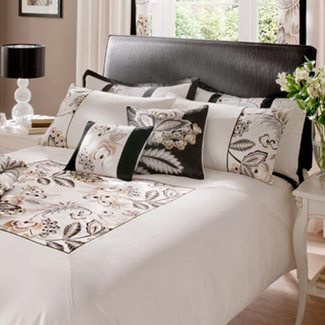 Catherine Lansfield Shrewsbury Floral Embroiderey Embellishment Matt Satin Duvet Cover Set, Black/Ivory, Single 2 Catherine Lansfield Shrewsbury Floral Embroiderey Embellishment Matt Satin Duvet Cover Set, Black/Ivory, Single - Image 2