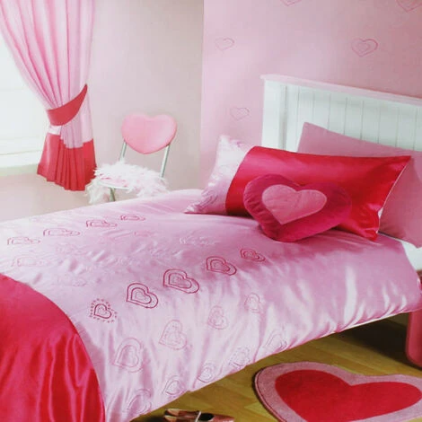 Catherine Lansfield Disco Hearts Embroidery Duvet Cover Set, Pink, Single 1 Catherine Lansfield Disco Hearts Embroidery Duvet Cover Set, Pink, Single