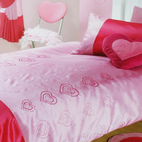 Catherine Lansfield Disco Hearts Embroidery Duvet Cover Set, Pink, Single 2 Catherine Lansfield Disco Hearts Embroidery Duvet Cover Set, Pink, Single - Image 2