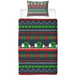 Minecraft Greetings Christmas Duvet Cover Set (200cm X 135cm) (Blue/Green/Red)