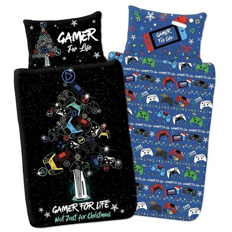 Gamer For Life Christmas Duvet Cover Set (Single) (Black/Blue) 1 Gamer For Life Christmas Duvet Cover Set (Single) (Black/Blue)