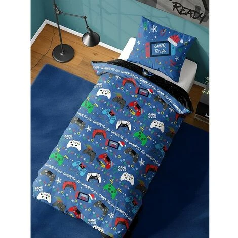 Gamer For Life Christmas Duvet Cover Set (Single) (Black/Blue) 2 Gamer For Life Christmas Duvet Cover Set (Single) (Black/Blue) - Image 2
