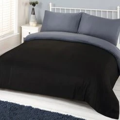 Linens Limited Plain Reversible Duvet Cover Set, Black/Grey, Double